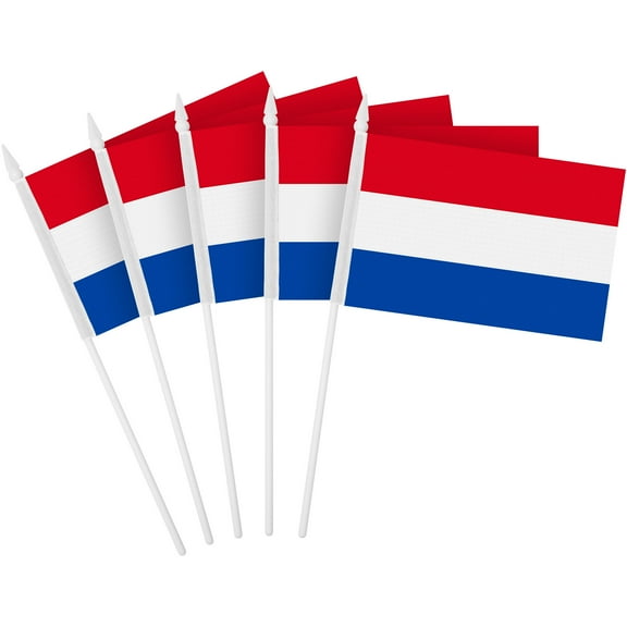 G128 50 Pack Handheld Netherlands Dutch Stick Flags | 4x6 In | Printed 150D Polyester, Country Flag, Solid Plastic Stick, Spear White Tip
