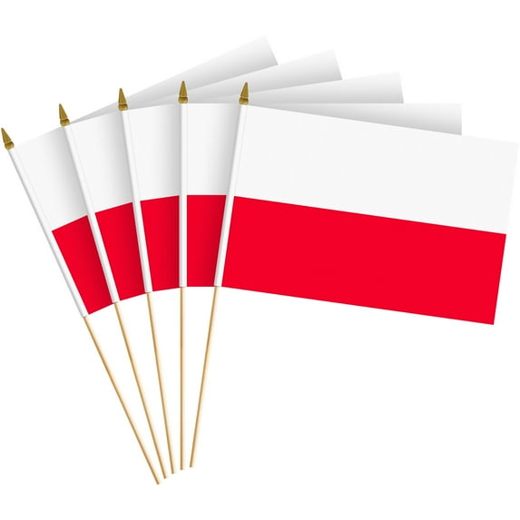 G128 50 Pack Handheld Poland Polish Stick Flags | 8x12 In | Printed 150D Polyester, Country Flag, Solid Wooden Stick, Spear Gold Tip