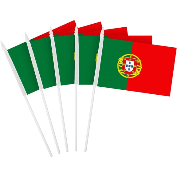 G128 50 Pack Handheld Portugal Portuguese Stick Flags | 4x6 In | Printed 150D Polyester, Country Flag, Solid Plastic Stick, Spear White Tip