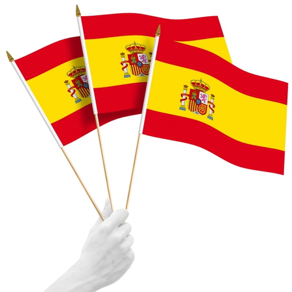 G128 50 Pack Handheld Spain Spanish Stick Flags | 12x18 In | Printed 150D Polyester, Country Flag, Solid Wooden Stick, Spear Gold Tip