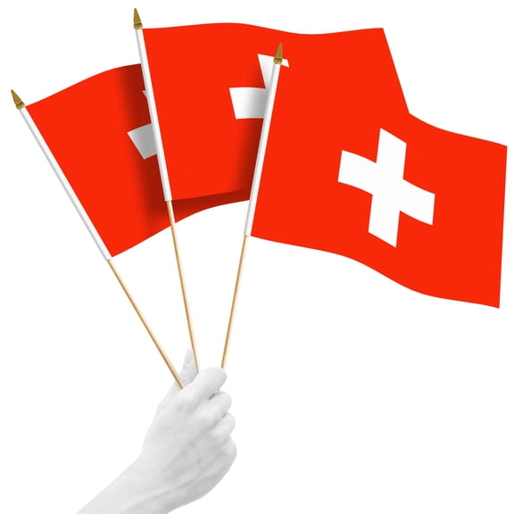 G128 50 Pack Handheld Switzerland Swiss Stick Flags | 12x18 In | Printed 150D Polyester, Country Flag, Solid Wooden Stick, Spear Gold Tip