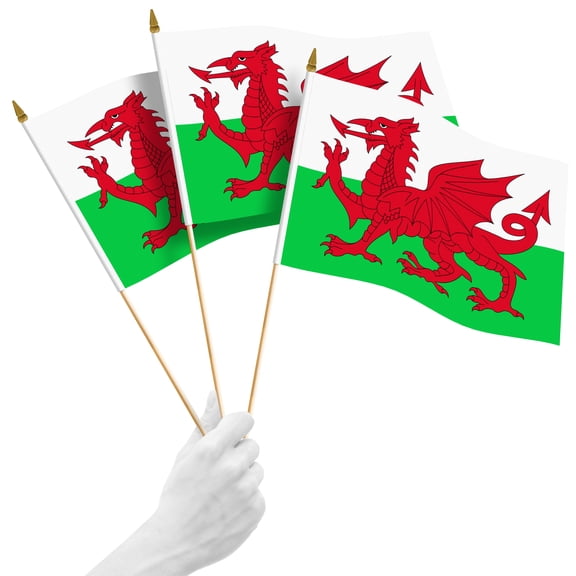 G128 50 Pack Handheld Wales Welsh Stick Flags | 12x18 In | Printed 150D Polyester, Country Flag, Solid Wooden Stick, Spear Gold Tip