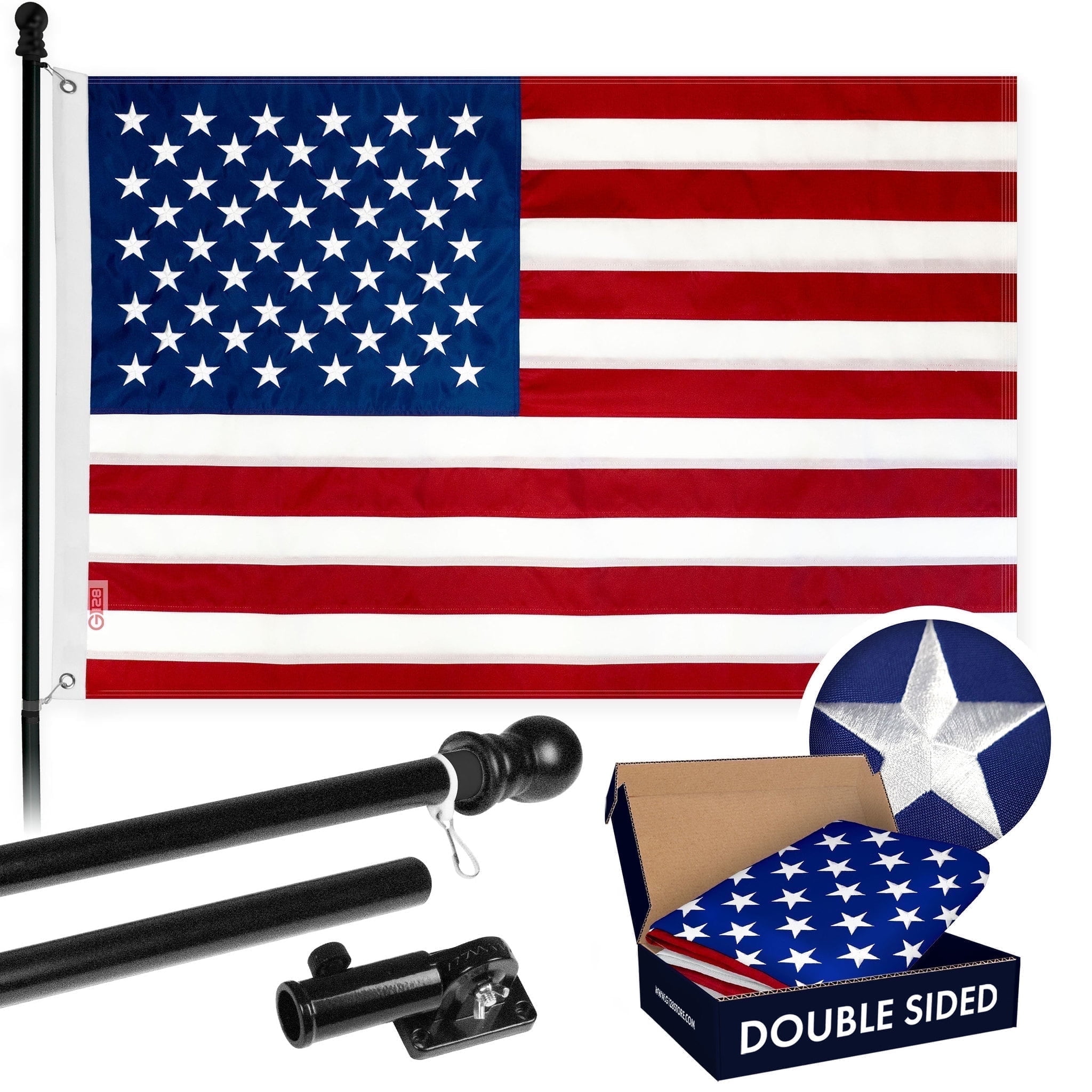 G128 - 6 Feet Tangle Free Spinning Flagpole (Black) USA Double Sided Brass Grommets Embroidered 3x5 ft (Flag Included) Aluminum Flag Pole