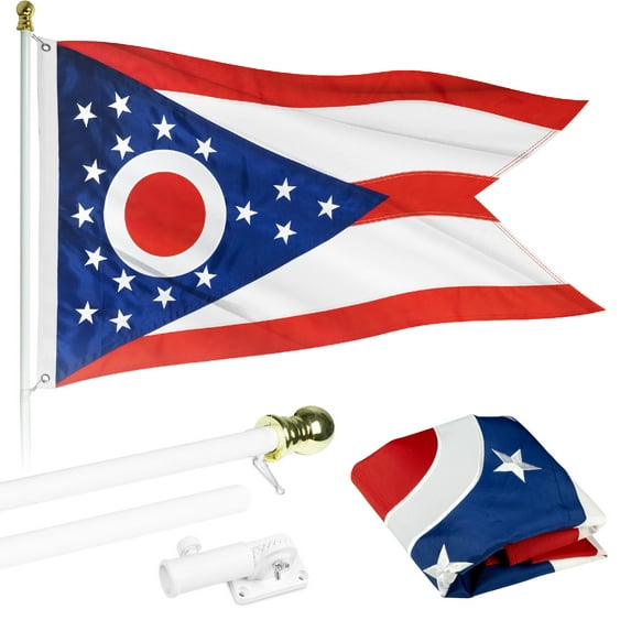 G128 - 6 Feet Tangle Free Spinning Flagpole (White) Ohio Flag Brass Grommets Embroidered 3x5 ft (Flag Included) Aluminum Flag Pole