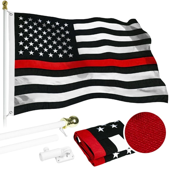 G128 - 6 Feet Tangle Free Spinning Flagpole (White) Thin Red Line Flag Brass Grommets Spun Polyester 3x5 ft (Flag Included) Aluminum Flag Pole