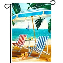 G128 - Beach Summer with Chairs & Umbrella Garden Flag, Rustic Holiday Seasonal Outdoor Flag 12" x 18”