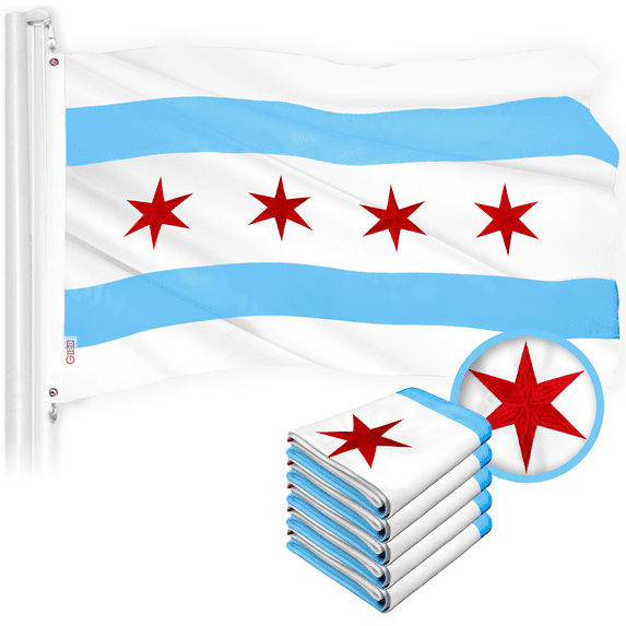 G128 Chicago Flag 2x3 Ft 5-Pack Embroidered 300D Embroidered Stars, Sewn Stripes, Brass Grommets, Indoor/Outdoor, Vibrant Colors, Quality Polyester