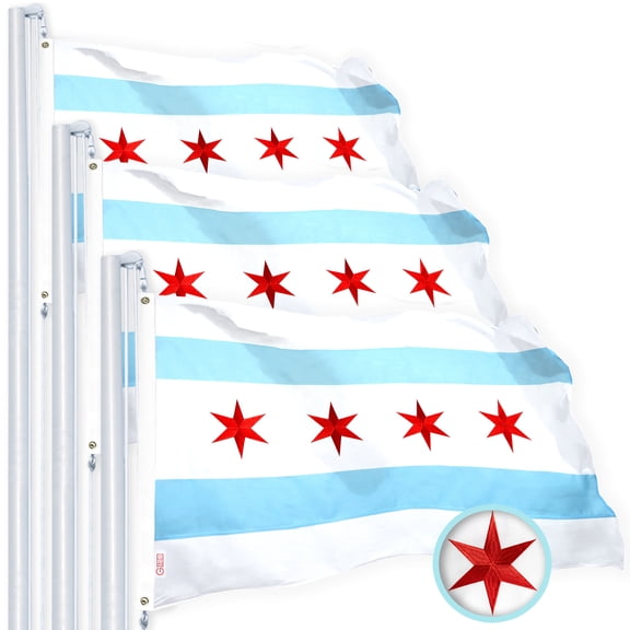 G128 Chicago Flag 3x5 Ft 3-Pack Heavy Duty Spun Polyester 220GSM Embroidered Tough, Durable, Indoor/Outdoor, Vibrant Colors, Brass Grommet