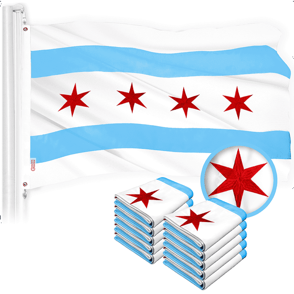 G128 Chicago Flag 4x6 Ft 10-Pack Embroidered 300D Embroidered Stars, Sewn Stripes, Brass Grommets, Indoor/Outdoor, Vibrant Colors, Quality Polyester