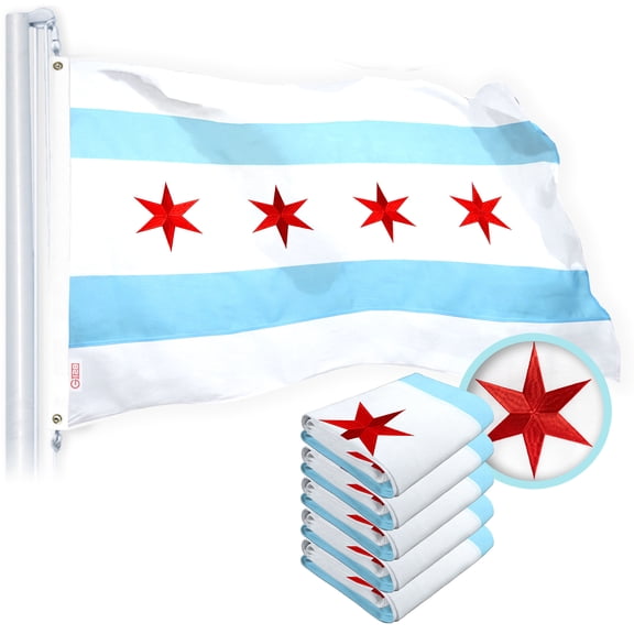 G128 Chicago Flag 4x6 Ft 5-Pack Heavy Duty Spun Polyester 220GSM Embroidered Tough, Durable, Indoor/Outdoor, Vibrant Colors, Brass Grommet