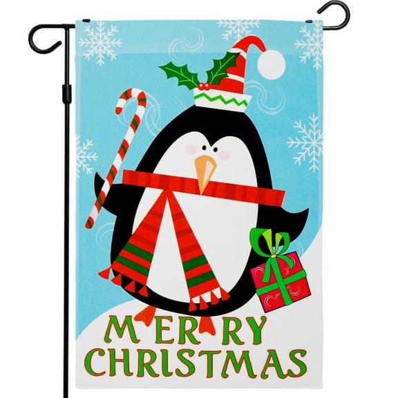 G128-12"x18" Christmas Garden Flag, Winter Garden Decor- Penguin with Candy Cane Winter Outdoor Flag