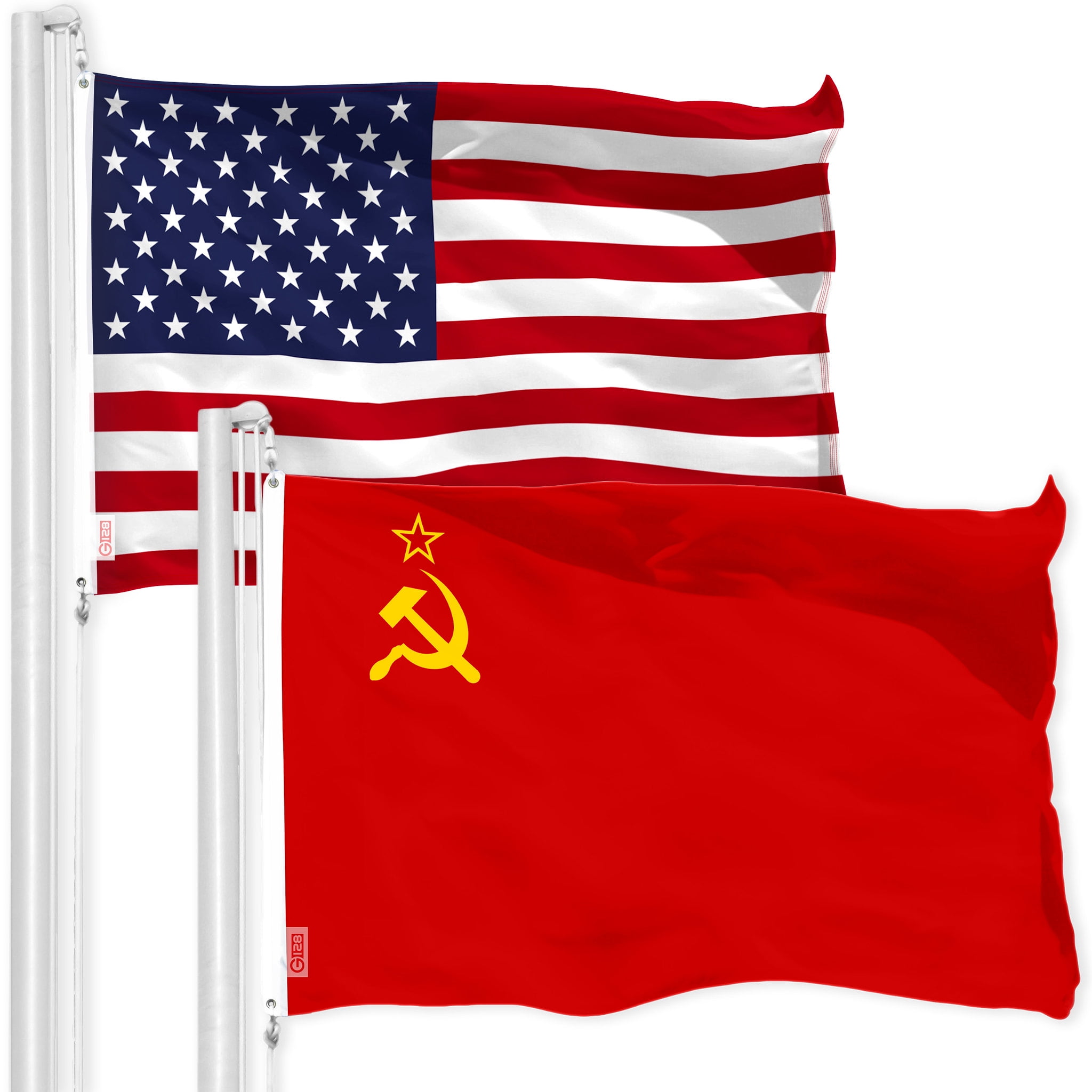 G128-Combo Kit 3x5 Ft: American Flag & USSR Flag | Both LiteWeave Pro Series Printed 150D Polyester, Brass Grommets