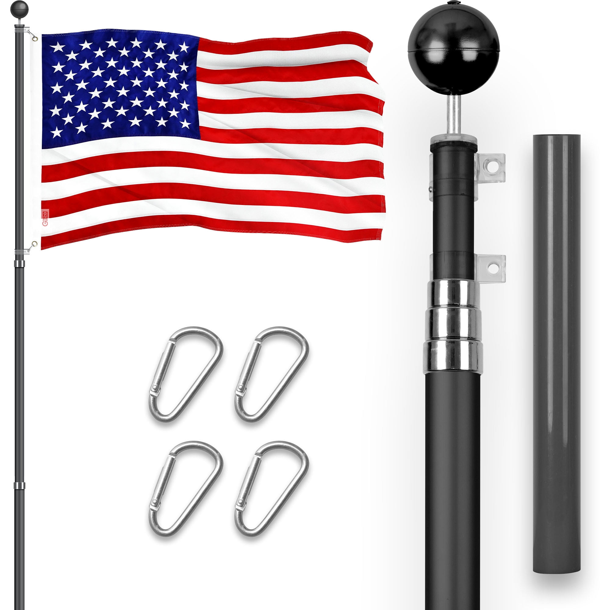 G128 Combo Pack: 16 Ft Telescoping Aluminum Flagpole (Black) & American USA Flag 2x3 Ft, ToughWeave Series Embroidered 210D Polyester | Pole with Flag Included