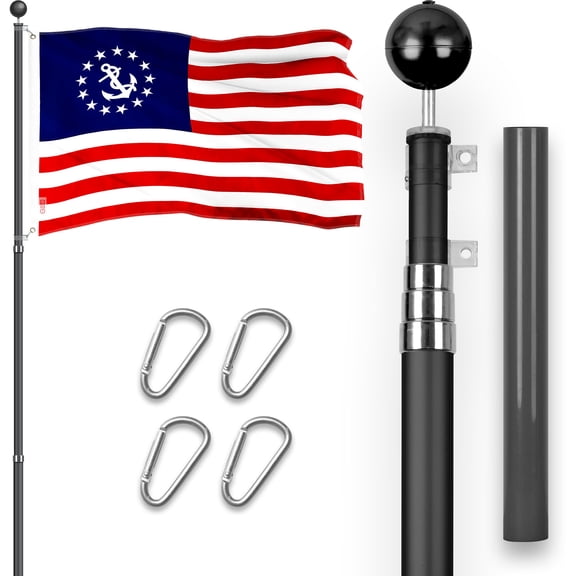 G128 Combo Pack: 16 Ft Telescoping Aluminum Flagpole (Black) & American USA Yacht Ensign Flag 3x5 Ft, ToughWeave Series Embroidered 300D Polyester | Pole with Flag Included