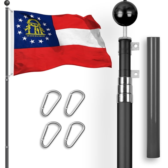 G128 Combo Pack: 16 Ft Telescoping Aluminum Flagpole (Black) & Georgia GA State Flag 3x5 Ft, StormFlyer Series Embroidered 220GSM Spun Polyester | Pole with Flag Included