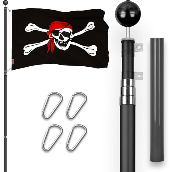 G128 Combo Pack: 16 Ft Telescoping Aluminum Flagpole (Black) & Pirate Jolly Roger Red Head Scarf Flag 3x5 Ft, ToughWeave Series Embroidered 300D Polyester | Pole with Flag Included