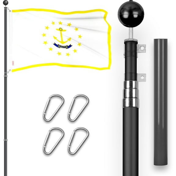 G128 Combo Pack: 16 Ft Telescoping Aluminum Flagpole (Black) & Rhode Island RI State Flag 3x5 Ft, ToughWeave Series Embroidered 300D Polyester | Pole with Flag Included