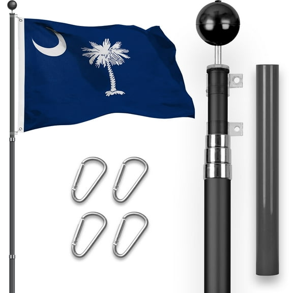 G128 Combo Pack: 16 Ft Telescoping Aluminum Flagpole (Black) & South Carolina SC State Flag 3x5 Ft, StormFlyer Series Embroidered 220GSM Spun Polyester | Pole with Flag Included