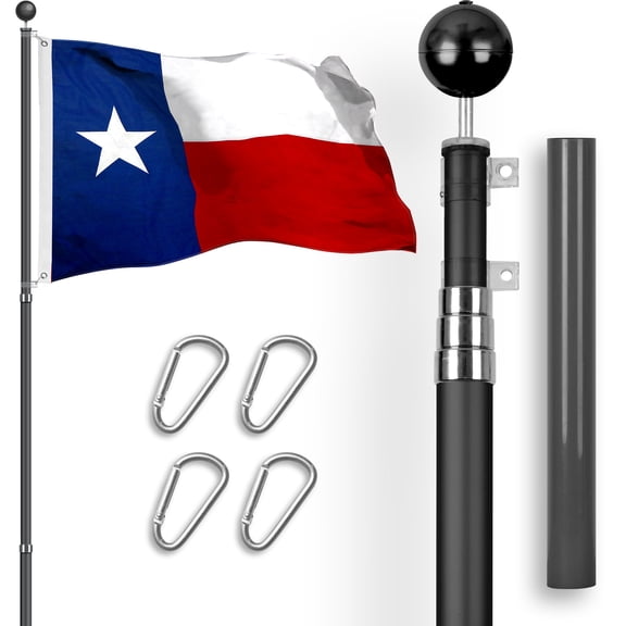 G128 Combo Pack: 16 Ft Telescoping Aluminum Flagpole (Black) & Texas TX State Flag 3x5 Ft, StormFlyer Series Embroidered 220GSM Spun Polyester | Pole with Flag Included
