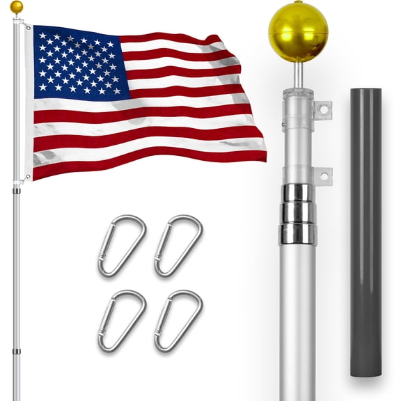 G128 Combo Pack: 16 Ft Telescoping Aluminum Flagpole (Silver) & American USA Flag 2x3 Ft, StormFlyer Series Embroidered 220GSM Spun Polyester | Pole with Flag Included