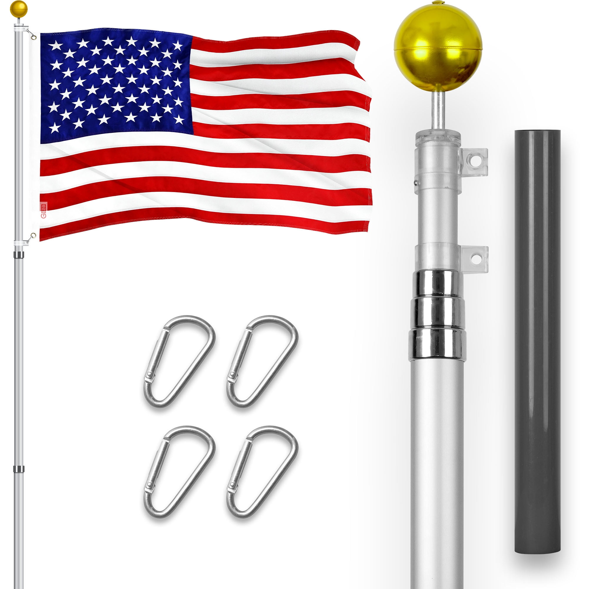 G128 Combo Pack: 16 Ft Telescoping Aluminum Flagpole (Silver) & American USA Flag 3x5 Ft, ToughWeave Series Embroidered 210D Polyester | Pole with Flag Included