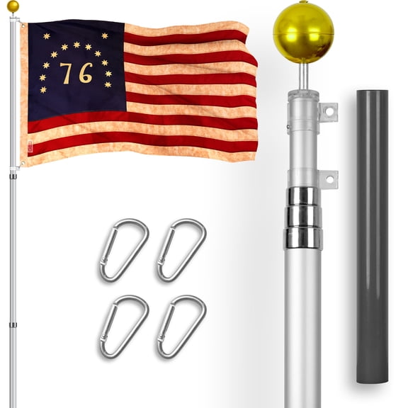 G128 Combo Pack: 16 Ft Telescoping Aluminum Flagpole (Silver) & Bennington 76 Tea-Stained Flag 3x5 Ft, ToughWeave Pro Series Embroidered 420D Polyester | Pole with Flag Included