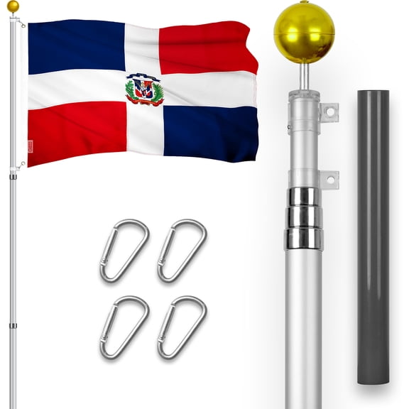 G128 Combo Pack: 16 Ft Telescoping Aluminum Flagpole (Silver) & Dominican Republic Flag 3x5 Ft, ToughWeave Series Embroidered 300D Polyester | Pole with Flag Included