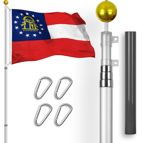 G128 Combo Pack: 16 Ft Telescoping Aluminum Flagpole (Silver) & Georgia GA State Flag 3x5 Ft, StormFlyer Series Embroidered 220GSM Spun Polyester | Pole with Flag Included