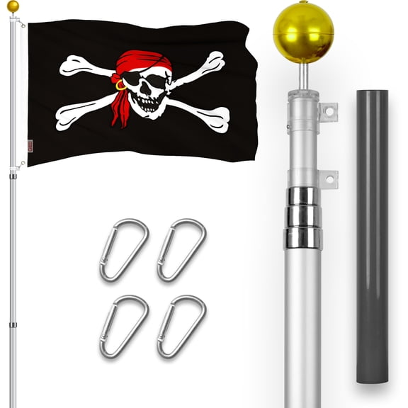 G128 Combo Pack: 16 Ft Telescoping Aluminum Flagpole (Silver) & Pirate Jolly Roger Red Head Scarf Flag 3x5 Ft, ToughWeave Series Embroidered 300D Polyester | Pole with Flag Included