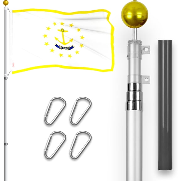 G128 Combo Pack: 16 Ft Telescoping Aluminum Flagpole (Silver) & Rhode Island RI State Flag 3x5 Ft, ToughWeave Series Embroidered 300D Polyester | Pole with Flag Included