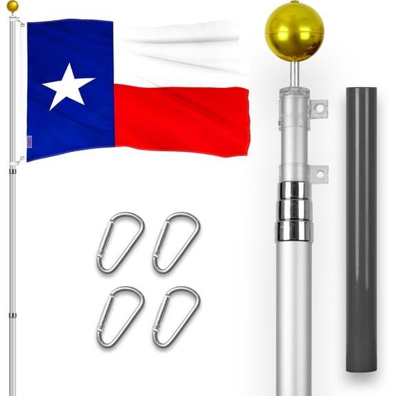 G128 Combo Pack: 16 Ft Telescoping Aluminum Flagpole (Silver) & Texas TX State Flag 3x5 Ft, ToughWeave Series Embroidered 300D Polyester | Pole with Flag Included