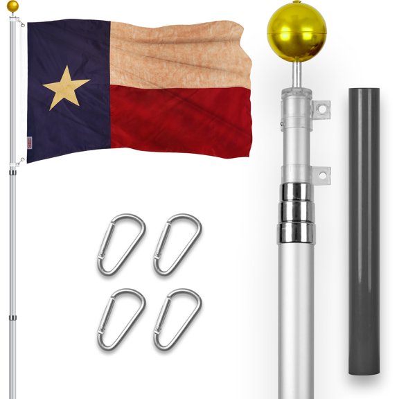 G128 Combo Pack: 16 Ft Telescoping Aluminum Flagpole (Silver) & Texas Tea-Stained Flag 3x5 Ft, ToughWeave Pro Series Embroidered 420D Polyester | Pole with Flag Included