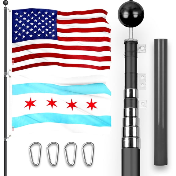 G128 Combo Pack: 20 Ft Telescoping Aluminum Flagpole (Black) & American and Chicago City Flags 3x5 Ft, Both ToughWeave Series Embroidered Polyester | Pole with Flags Included