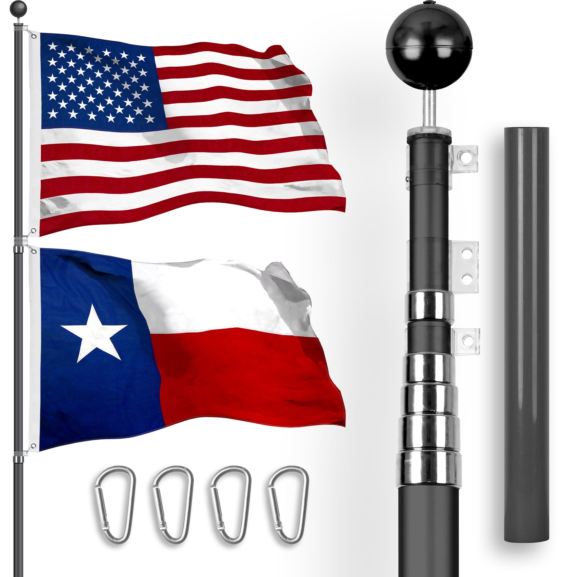 G128 Combo Pack: 20 Ft Telescoping Aluminum Flagpole (Black) & American and Texas Flags 3x5 Ft, Both StormFlyer Series Embroidered 220GSM Spun Polyester | Pole with Flags Included