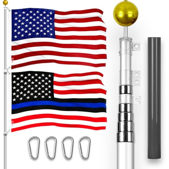 G128 Combo Pack: 20 Ft Telescoping Aluminum Flagpole (Silver) & American and Blue Lives Matter Flags 3x5 Ft, Both ToughWeave Series Embroidered Polyester | Pole with Flags Included