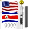 thumbnail image 1 of G128 Combo Pack: 20 Ft Telescoping Aluminum Flagpole (Silver) & American and Costa Rica Flags 3x5 Ft, Both ToughWeave Series Embroidered Polyester | Pole with Flags Included, 1 of 9