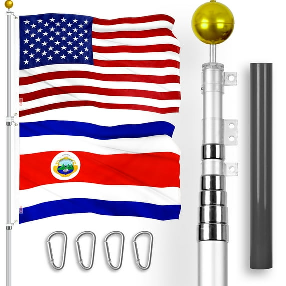 G128 Combo Pack: 20 Ft Telescoping Aluminum Flagpole (Silver) & American and Costa Rica Flags 3x5 Ft, Both ToughWeave Series Embroidered Polyester | Pole with Flags Included