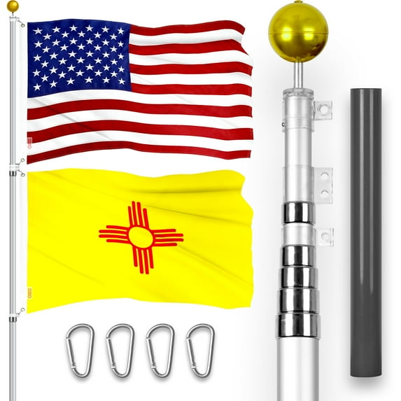 G128 Combo Pack: 20 Ft Telescoping Aluminum Flagpole (Silver) & American and New Mexico Flags 3x5 Ft, Both ToughWeave Series Embroidered Polyester | Pole with Flags Included