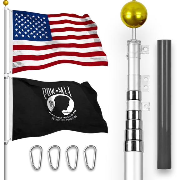 G128 Combo Pack: 20 Ft Telescoping Aluminum Flagpole (Silver) & American and POW Flags 3x5 Ft, Both StormFlyer Series Embroidered 220GSM Spun Polyester | Pole with Flags Included
