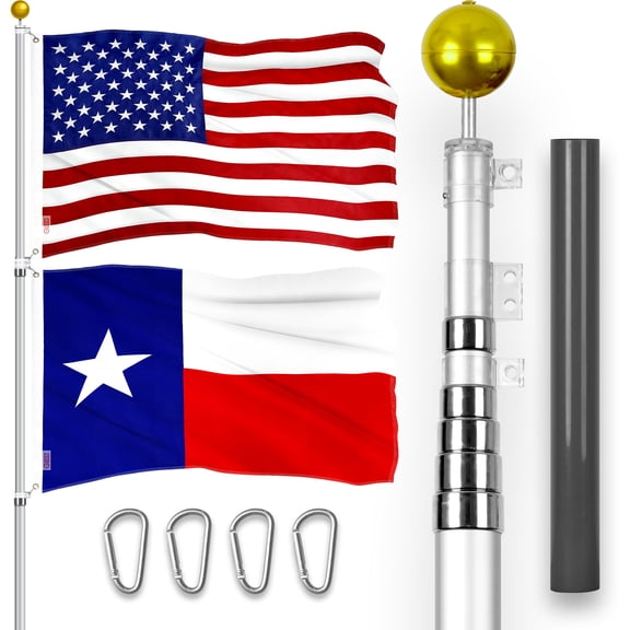 G128 Combo Pack: 20 Ft Telescoping Aluminum Flagpole (Silver) & American and Texas Flags 3x5 Ft, Both ToughWeave Series Embroidered Polyester | Pole with Flags Included