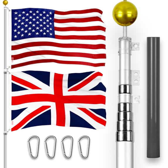 G128 Combo Pack: 20 Ft Telescoping Aluminum Flagpole (Silver) & American and United Kingdom Flags 3x5 Ft, Both ToughWeave Series Embroidered Polyester | Pole with Flags Included