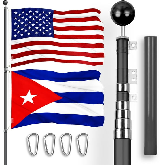 G128 Combo Pack: 25 Ft Telescoping Aluminum Flagpole (Black) & American and Cuba Flags 3x5 Ft, Both ToughWeave Series Embroidered Polyester | Pole with Flags Included