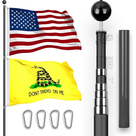 G128 Combo Pack: 25 Ft Telescoping Aluminum Flagpole (Black) & American and Gadsden Flags 3x5 Ft, Both StormFlyer Series Embroidered 220GSM Spun Polyester | Pole with Flags Included