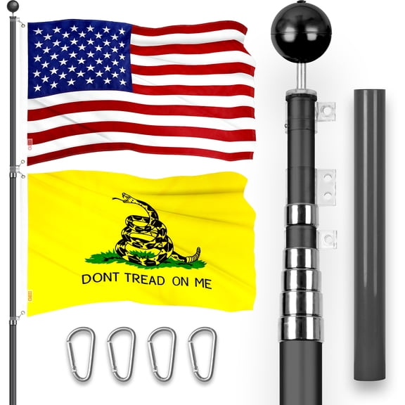 G128 Combo Pack: 25 Ft Telescoping Aluminum Flagpole (Black) & American and Gadsden Flags 3x5 Ft, Both ToughWeave Series Embroidered Polyester | Pole with Flags Included