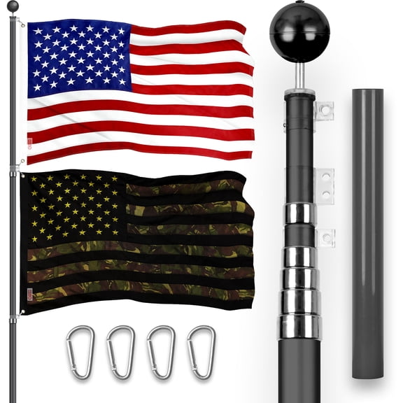 G128 Combo Pack: 25 Ft Telescoping Aluminum Flagpole (Black) & American and USA Camouflage Flags 3x5 Ft, Both ToughWeave Series Embroidered Polyester | Pole with Flags Included
