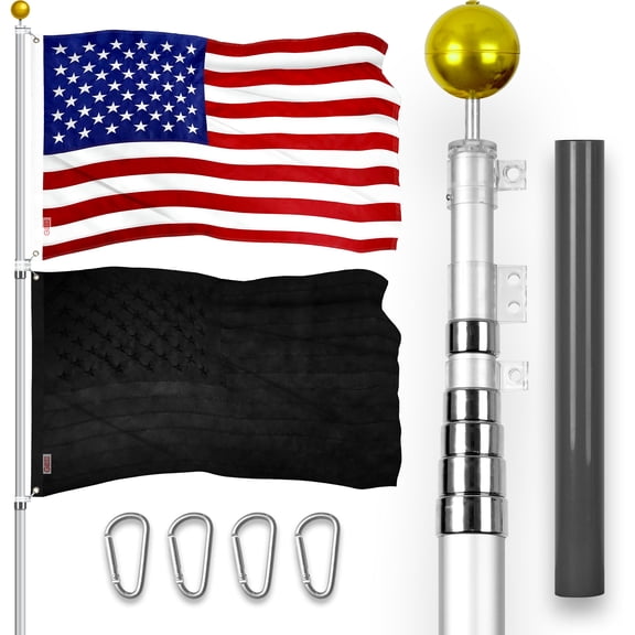 G128 Combo Pack: 25 Ft Telescoping Aluminum Flagpole (Silver) & American and All Black USA Flags 3x5 Ft, Both ToughWeave Series Embroidered Polyester | Pole with Flags Included