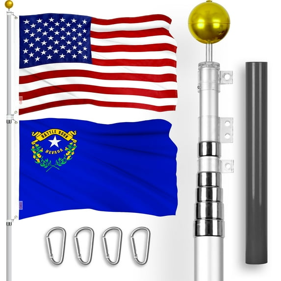 G128 Combo Pack: 25 Ft Telescoping Aluminum Flagpole (Silver) & American and Nevada Flags 3x5 Ft, Both ToughWeave Series Embroidered Polyester | Pole with Flags Included