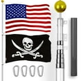 thumbnail image 1 of G128 Combo Pack: 25 Ft Telescoping Aluminum Flagpole (Silver) & American and Pirate Jolly Roger Swords Flags 3x5 Ft, Both ToughWeave Series Embroidered Polyester | Pole with Flags Included, 1 of 9