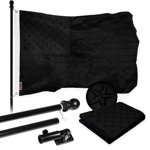 G128 Combo Pack: 5 Ft Tangle Free Aluminum Spinning Flagpole (Black) & American USA All Black Flag 2x3 Ft, ToughWeave Series Embroidered 300D Polyester | Pole with Flag Included