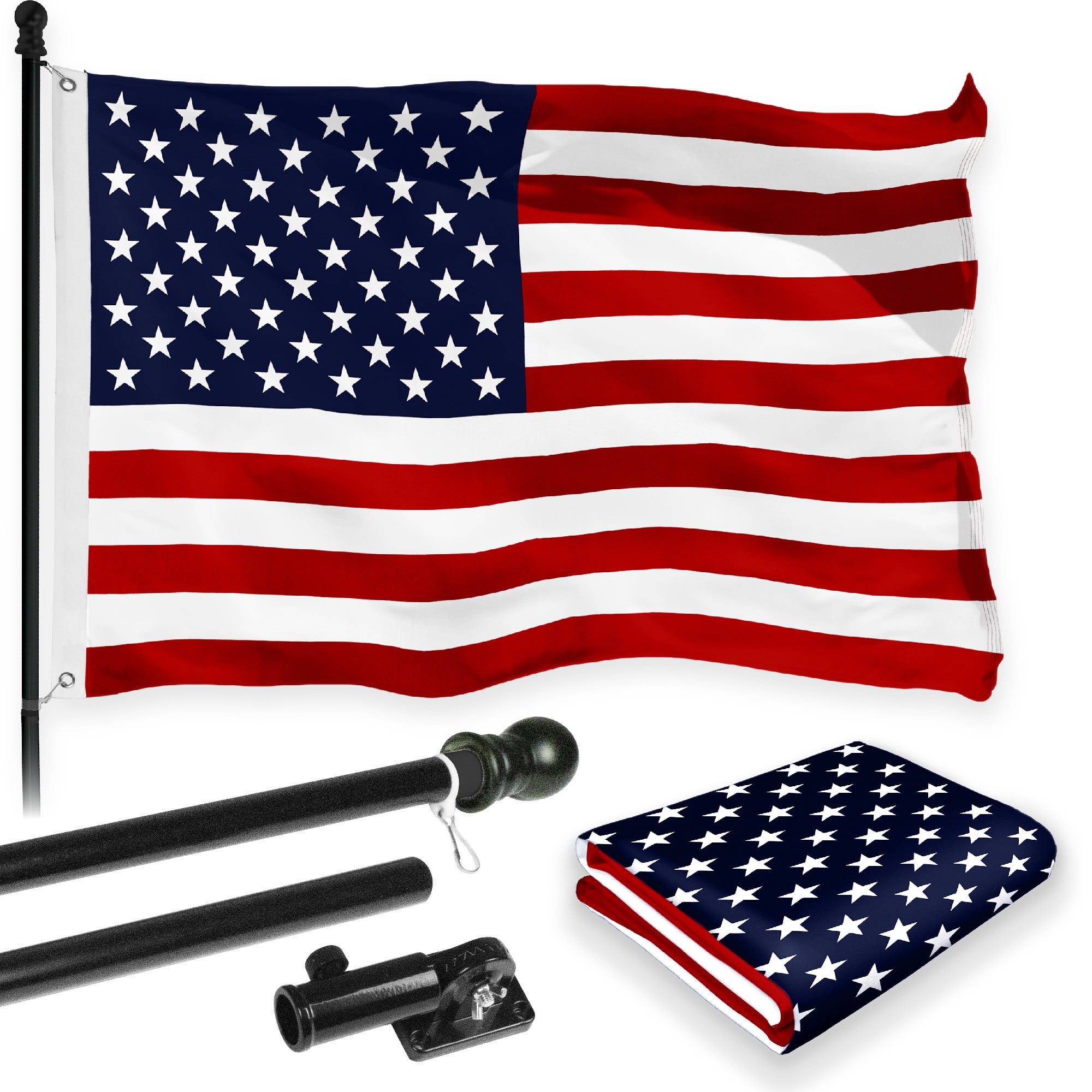 G128 Combo Pack: 5 Ft Tangle Free Aluminum Spinning Flagpole (Black) & American USA Flag 2x3 Ft, LiteWeave Pro Series Printed 150D Polyester | Pole with Flag Included